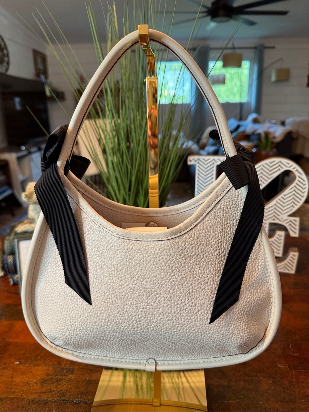 Coachtopia Cream Pebbled Shoulder Bag with Black Ribbon Accents